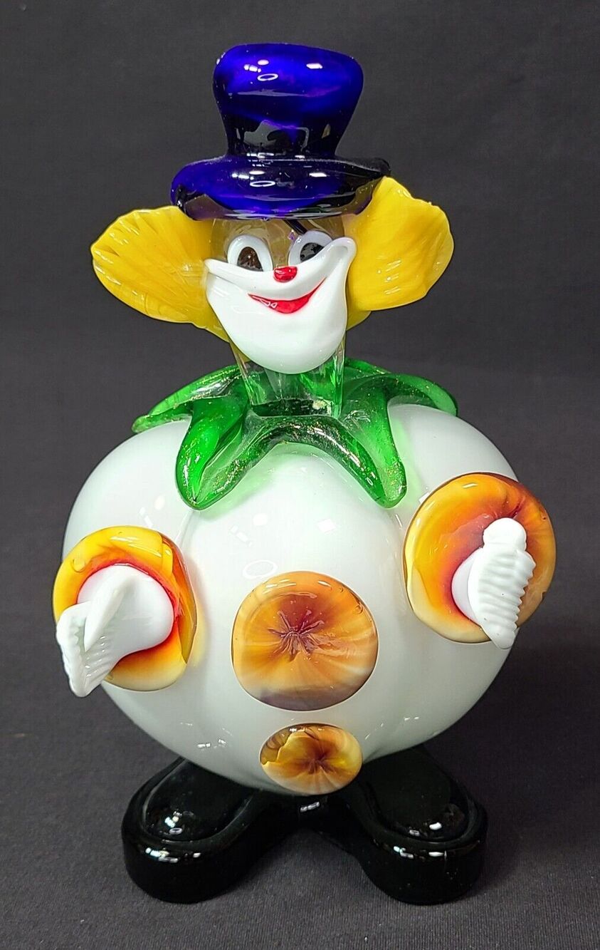 Vintage Murano Art Glass Clown Figurine 8.25" Tall, Blue Hat Yellow Hair